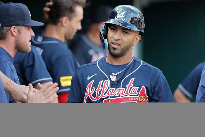 Jun 14, 2023; Detroit, Michigan, USA; Atlanta Braves left fielder Eddie Rosario (8) celebrates with teammates after scoring against the Detroit Tigers in the fourth inning at Comerica Park.